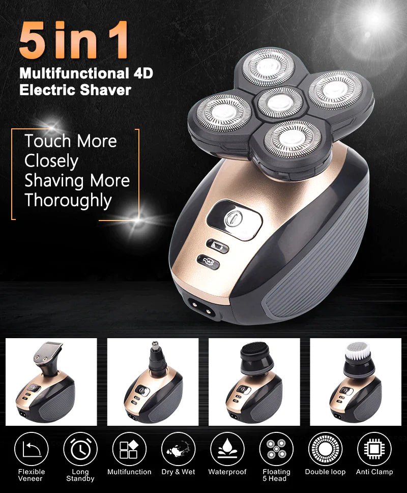 Rasoir électrique rotatif 5-en-1 4D Rechargeable Tête chauve Cheveux Tondeuse à barbe Rasoir