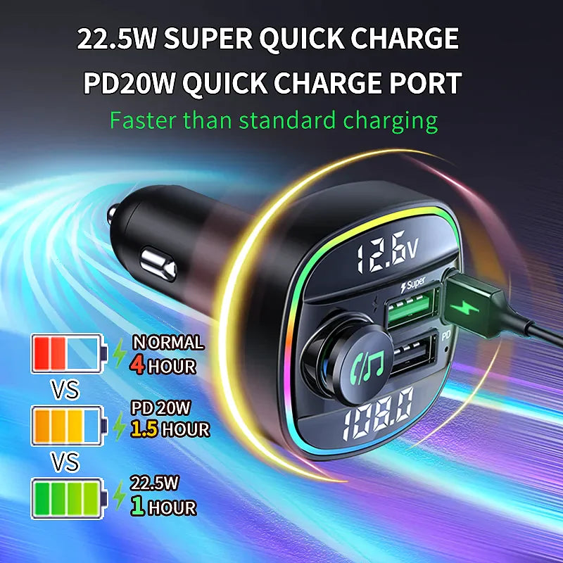 Bluetooth 5.0 Adaptateur d'émetteur FM sans fil de voiture Chargeur USB PD AUX Mains libres