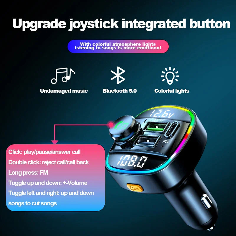 Bluetooth 5.0 Adaptateur d'émetteur FM sans fil de voiture Chargeur USB PD AUX Mains libres