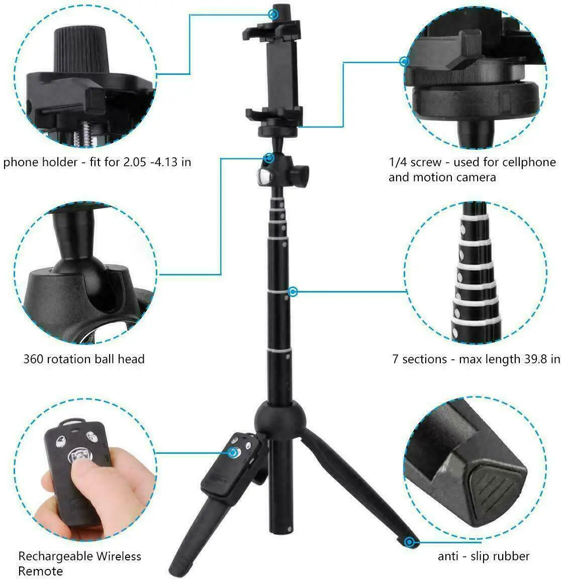 Selfie Stick Trépied 40" Bluetooth Remote Portable pour iPhone et téléphones Android
