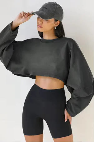 Sweat-shirt court surdimensionné : Streetwear élégant à col rond pour femmes