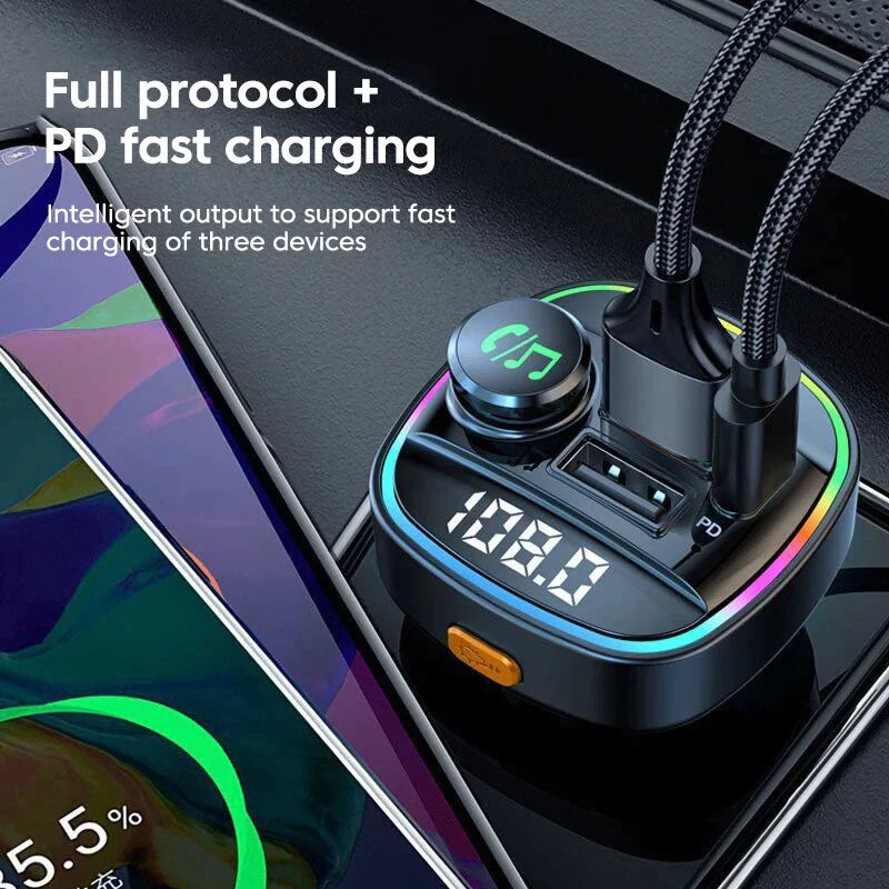 Bluetooth 5.0 Adaptateur d'émetteur FM sans fil de voiture Chargeur USB PD AUX Mains libres
