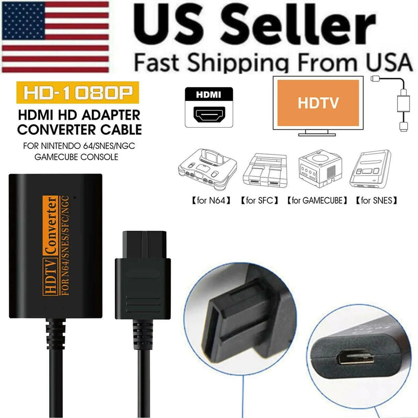 Adaptateur Convertisseur N64 Vers HDMI Câble De Liaison HD Pour Nintendo Gamecube Super NES SNES