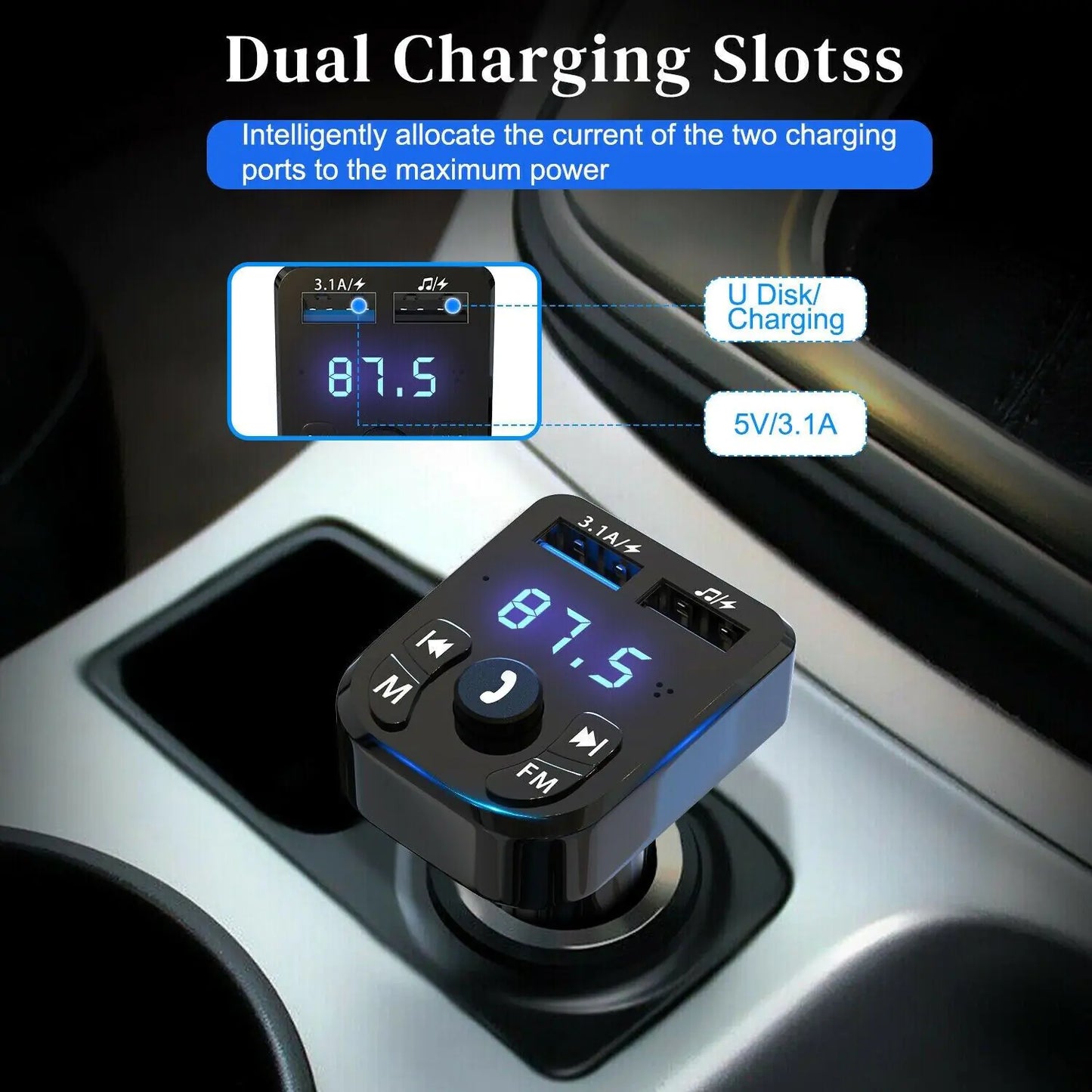 Transmetteur FM Bluetooth pour voiture sans fil Adaptateur de chargeur USB audio MP3 mains libres