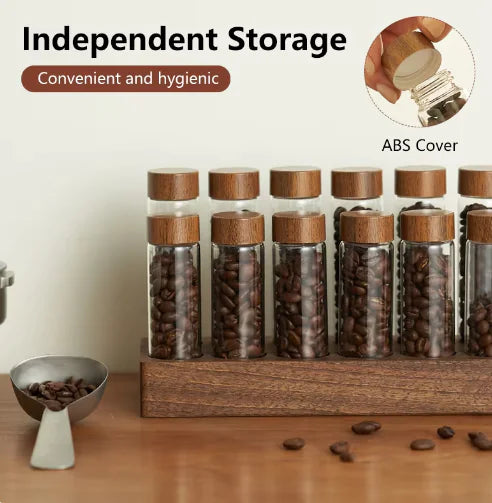 Ensemble de tubes de rangement pour café et thé en bois de noyer - Récipients en verre avec présentoir