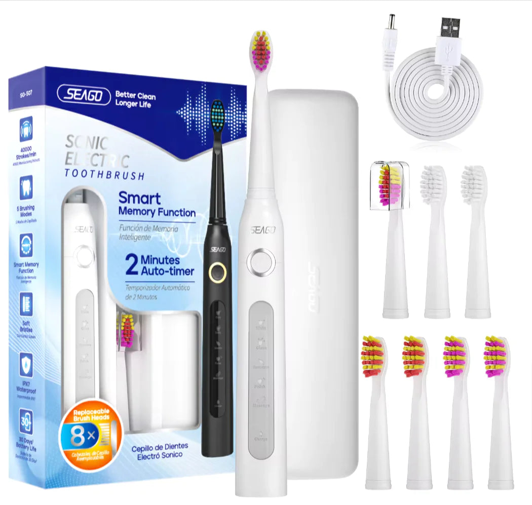Seago Sonic Brosse à dents Brosse à dents électrique Nettoyage des dents 5 modes avec 8 têtes de brosse remplaçables Minuterie de 2 min avec boîte portable