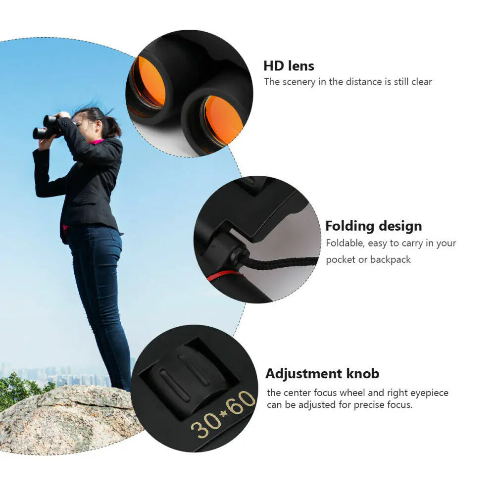 Jumelles 30x60 Zoom Voyage en plein air Télescope pliant compact Chasse Jour/Nuit