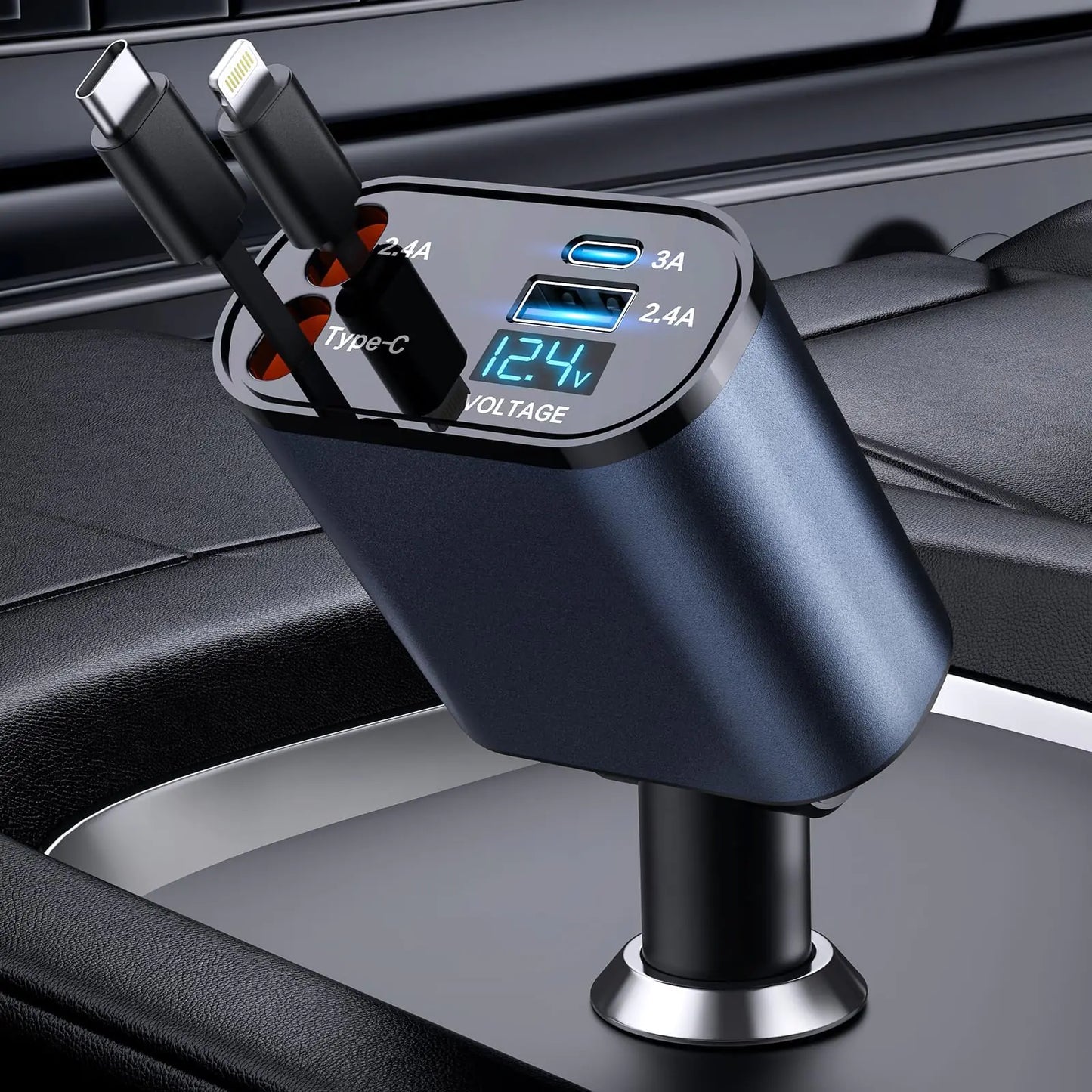 TIKTOK SHOP Chargeur de voiture rétractable, chargeur de téléphone de voiture rapide 4 en 1 66 W, câbles rétractables et chargeur de voiture USB, compatible avec iPhone 15/14/13/12/11, Galaxy, Pixel