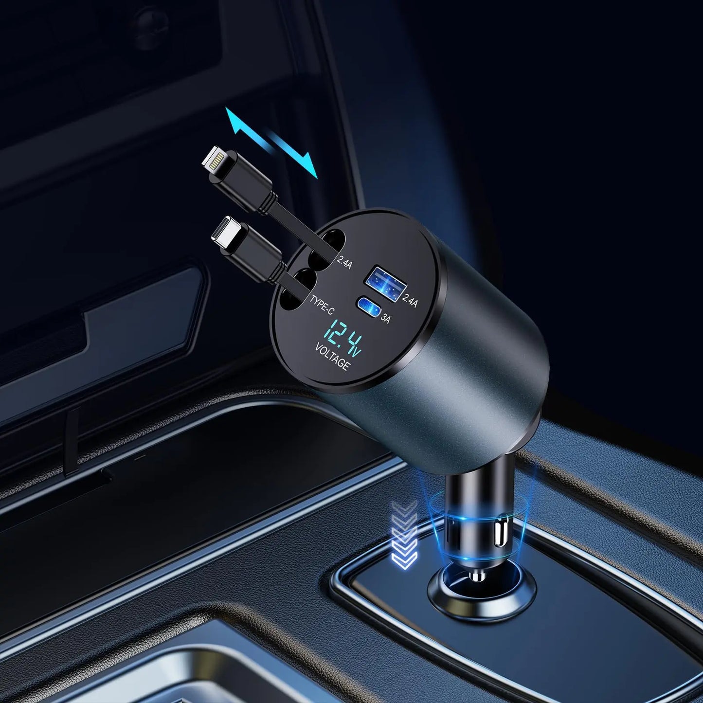 TIKTOK SHOP Chargeur de voiture rétractable, chargeur de téléphone de voiture rapide 4 en 1 66 W, câbles rétractables et chargeur de voiture USB, compatible avec iPhone 15/14/13/12/11, Galaxy, Pixel