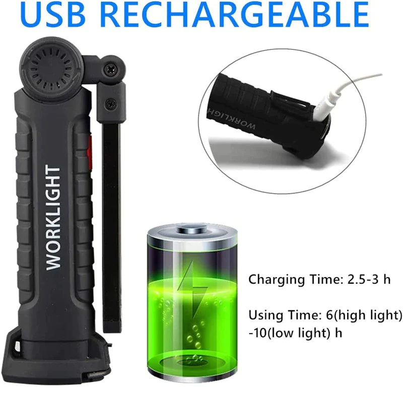 Rechargeable LED COB Lampe de travail Lampe de poche mécanique Base magnétique lumineuse