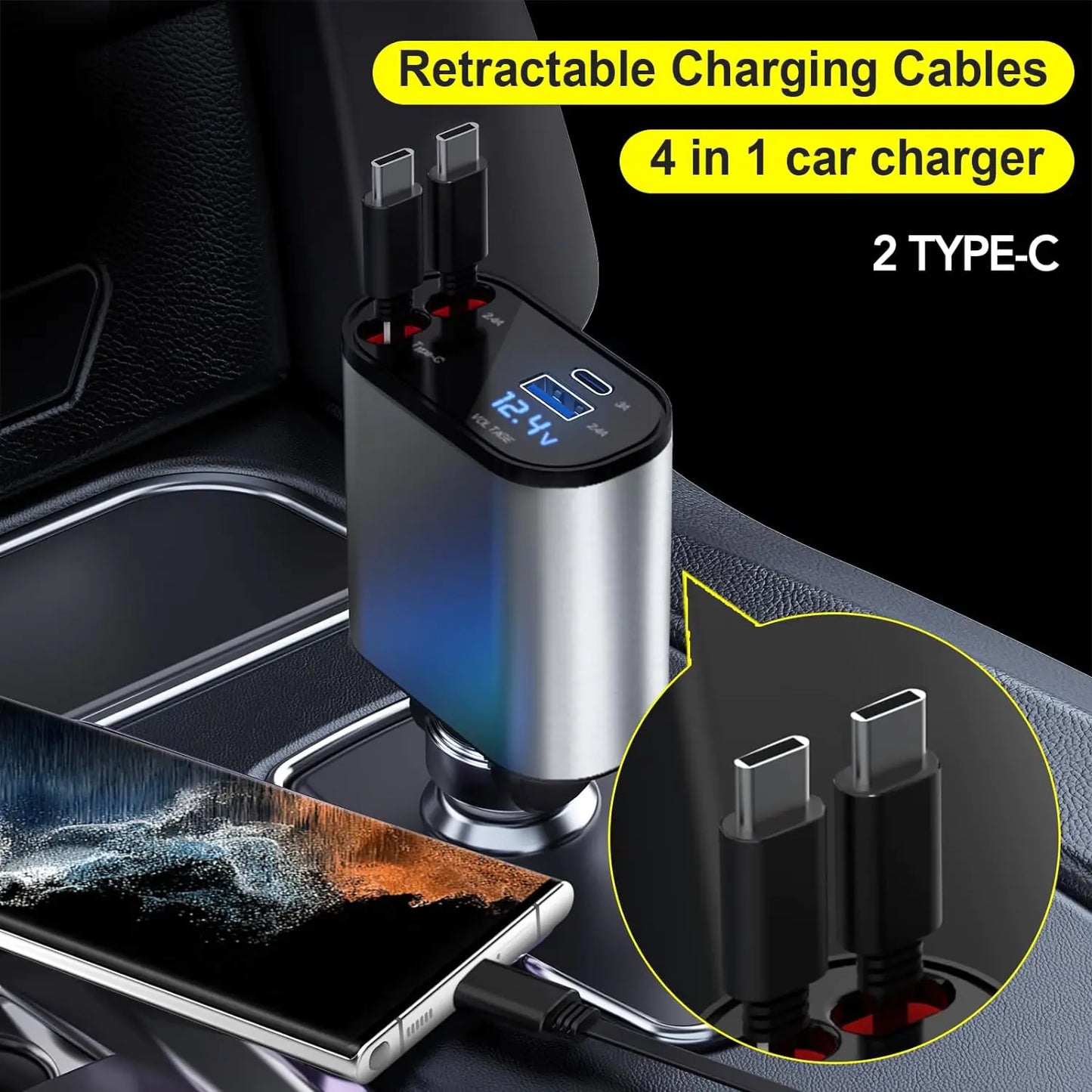 TIKTOK SHOP Chargeur de voiture rétractable, chargeur de téléphone de voiture rapide 4 en 1 66 W, câbles rétractables et chargeur de voiture USB, compatible avec iPhone 15/14/13/12/11, Galaxy, Pixel