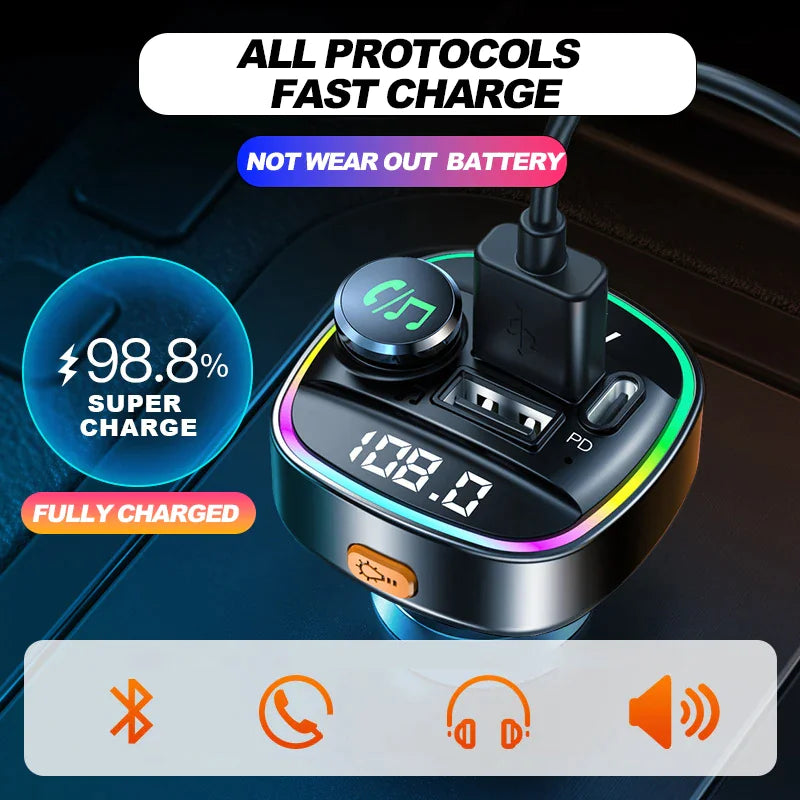 Bluetooth 5.0 Adaptateur d'émetteur FM sans fil de voiture Chargeur USB PD AUX Mains libres