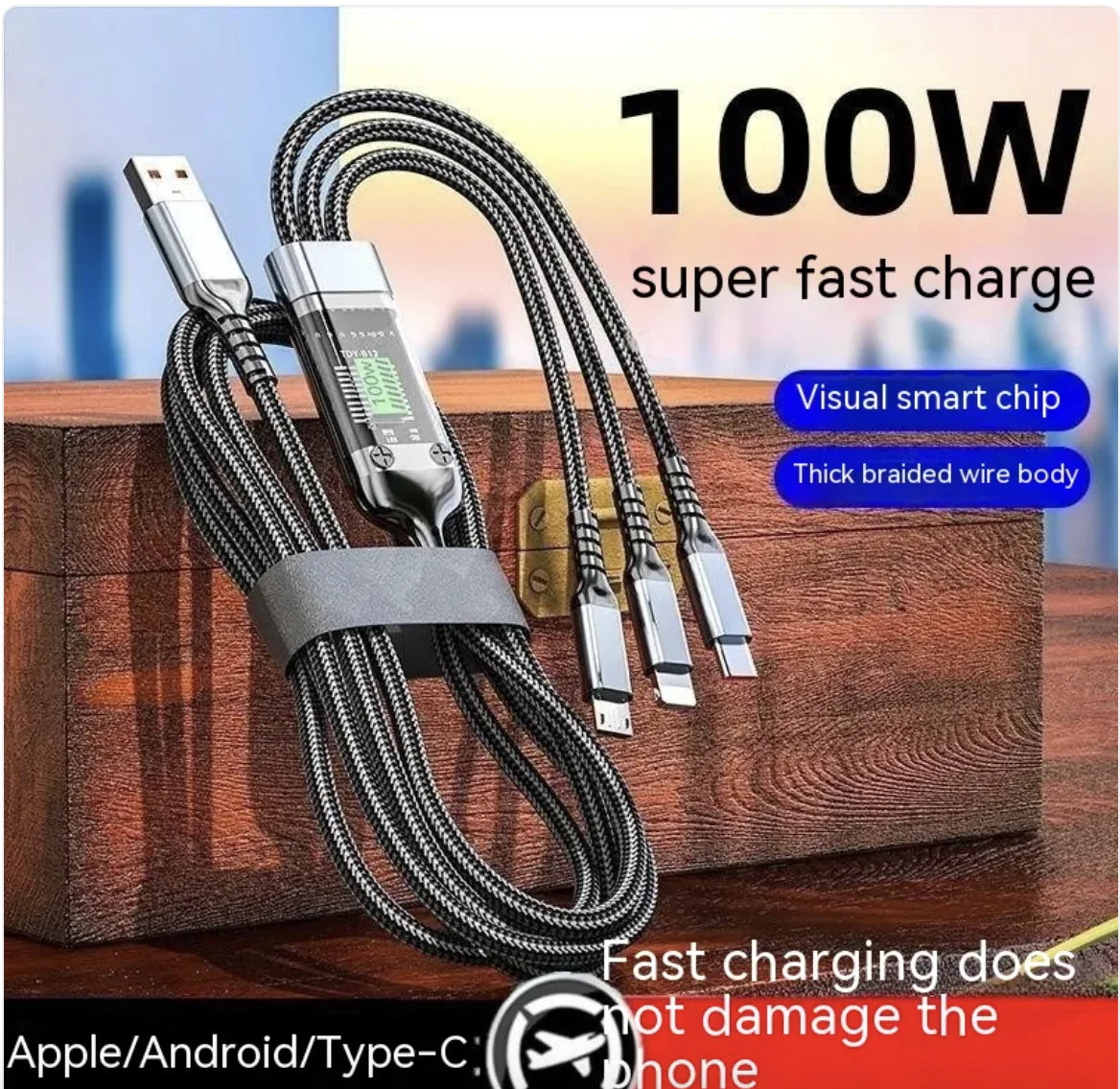 Câble de données de téléphone portable 3-en-1 avec charge légère et super rapide de 6A