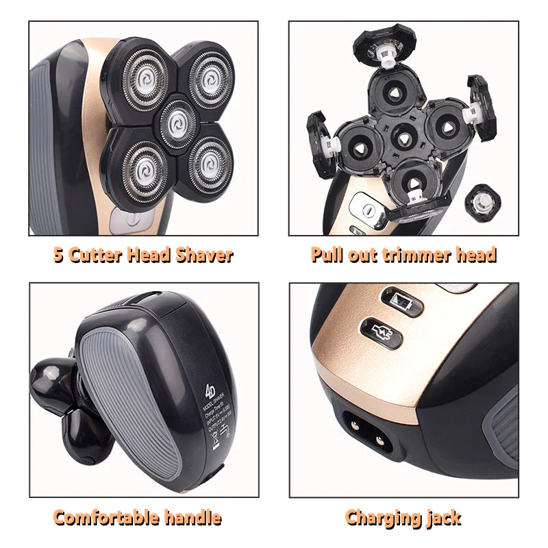 Rasoir électrique rotatif 5-en-1 4D Rechargeable Tête chauve Cheveux Tondeuse à barbe Rasoir