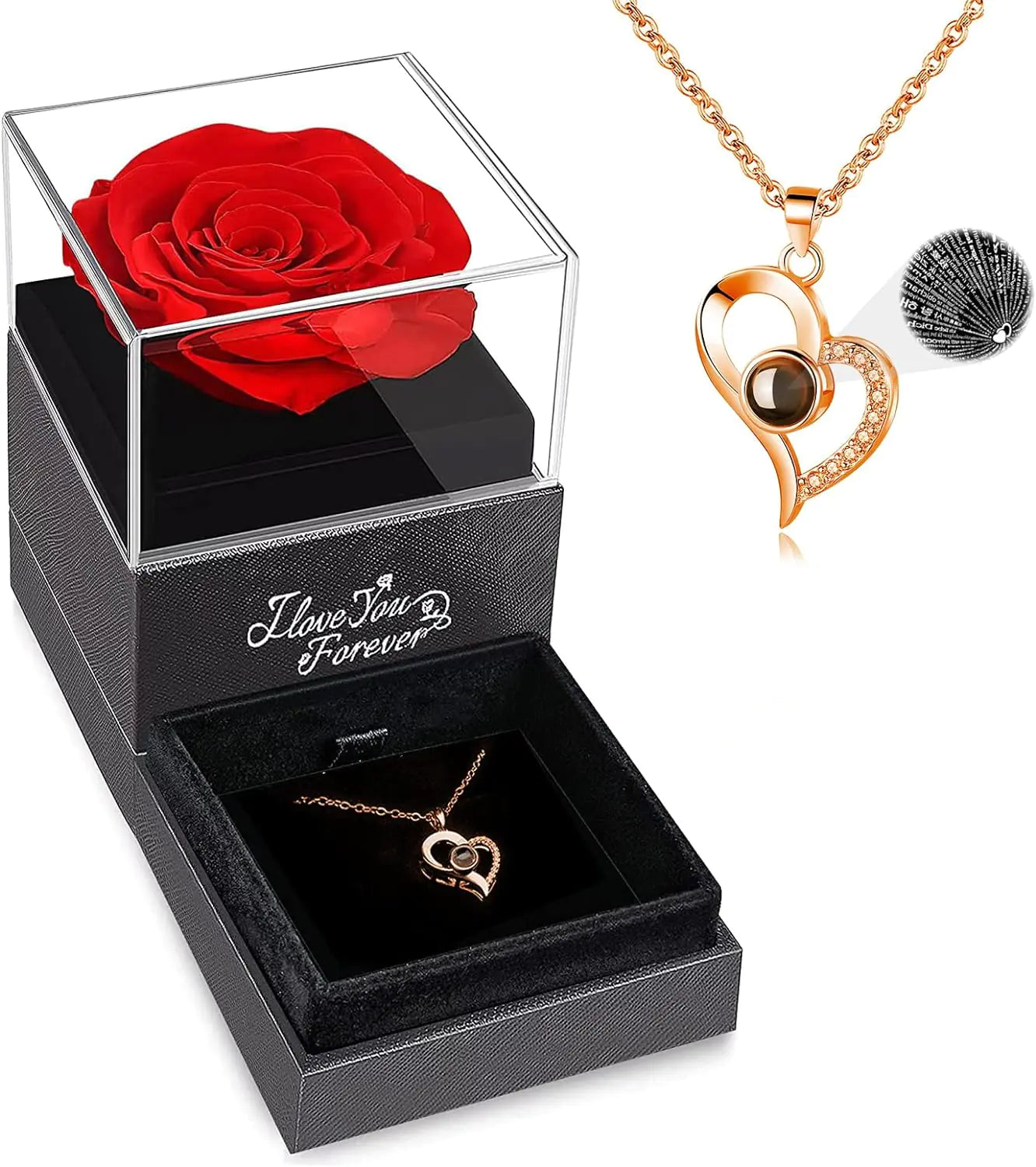 WILDLOVE Preserved Real Rose with I Love You Necklace, Cadeaux de Noël pour femmes, maman, grand-mère, femme et petite amie, anniversaire de la Saint-Valentin Idées de cadeaux pour la fête des mères pour elle