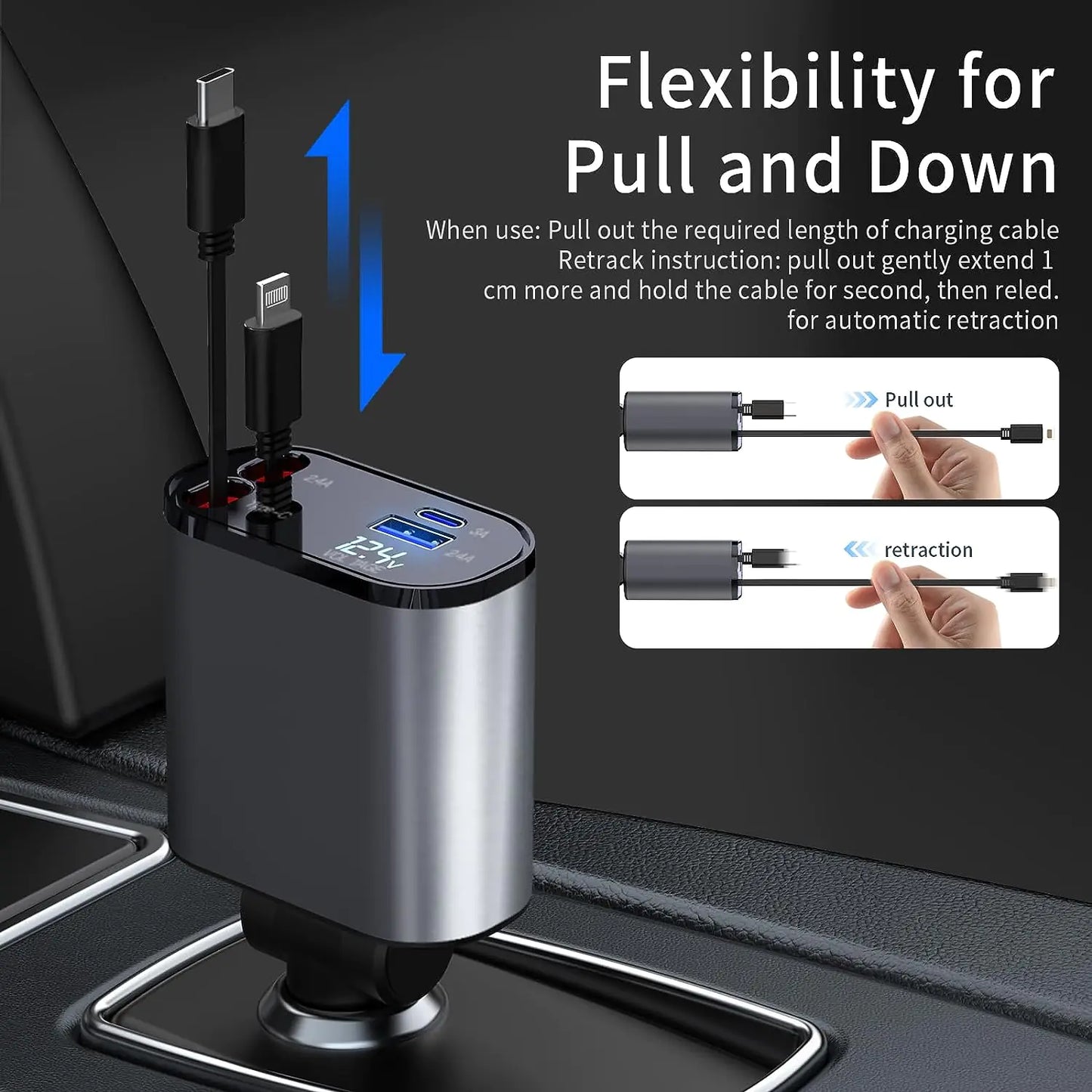 TIKTOK SHOP Chargeur de voiture rétractable, chargeur de téléphone de voiture rapide 4 en 1 66 W, câbles rétractables et chargeur de voiture USB, compatible avec iPhone 15/14/13/12/11, Galaxy, Pixel