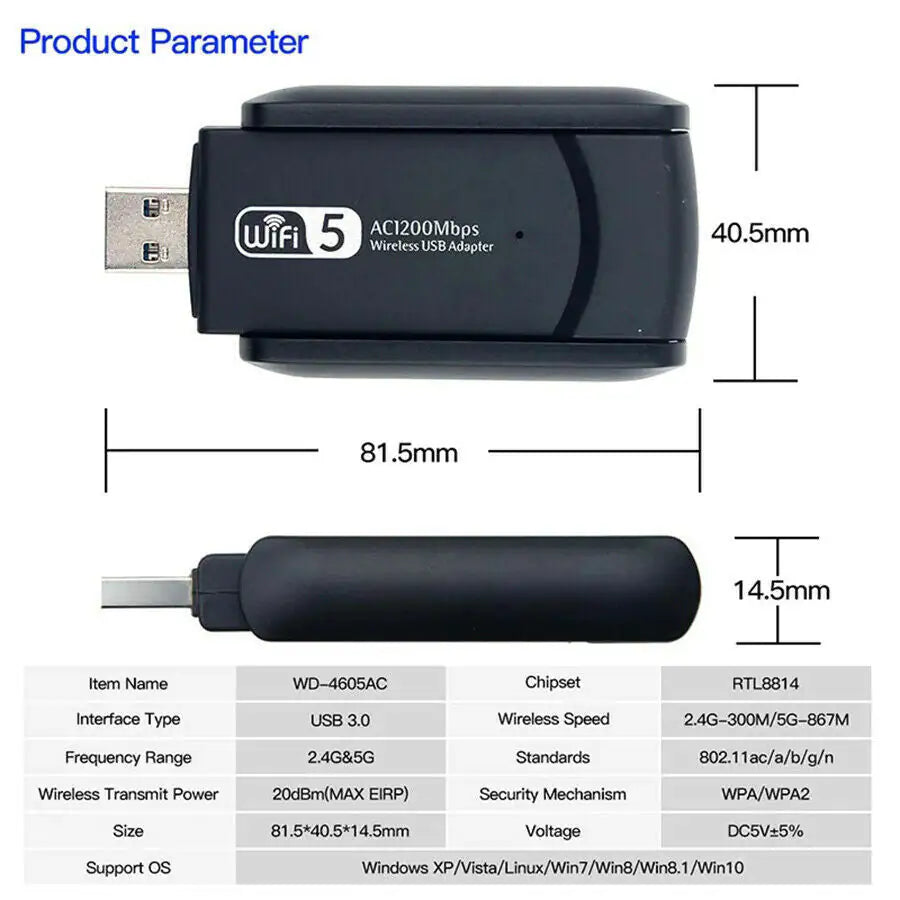 1200 Mbps Longue Portée AC1200 Dual Band 5GHz Wireless USB 3.0 WiFi Adapter Antennas