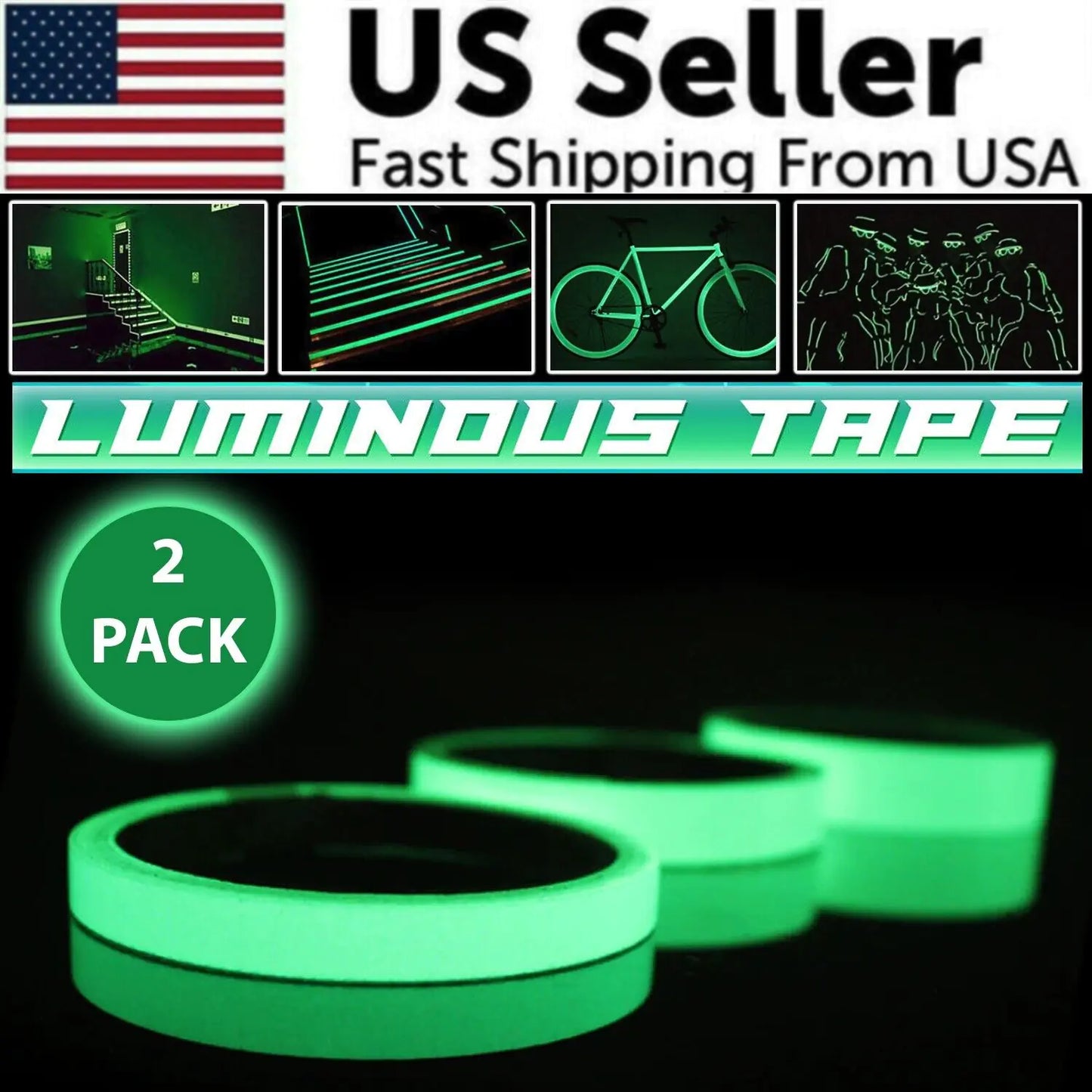 2PC Ruban lumineux Auto-adhésif Glow In The Dark Autocollant mural Lumière fluorescente