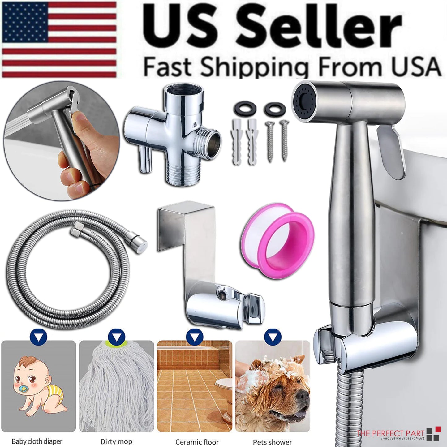 Toilettes Shattaf Adaptateur Tuyau Bidet Spray Pomme de douche à main en acier inoxydable US