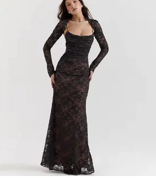 Élégante robe longue vintage en dentelle évidée Cape à manches longues